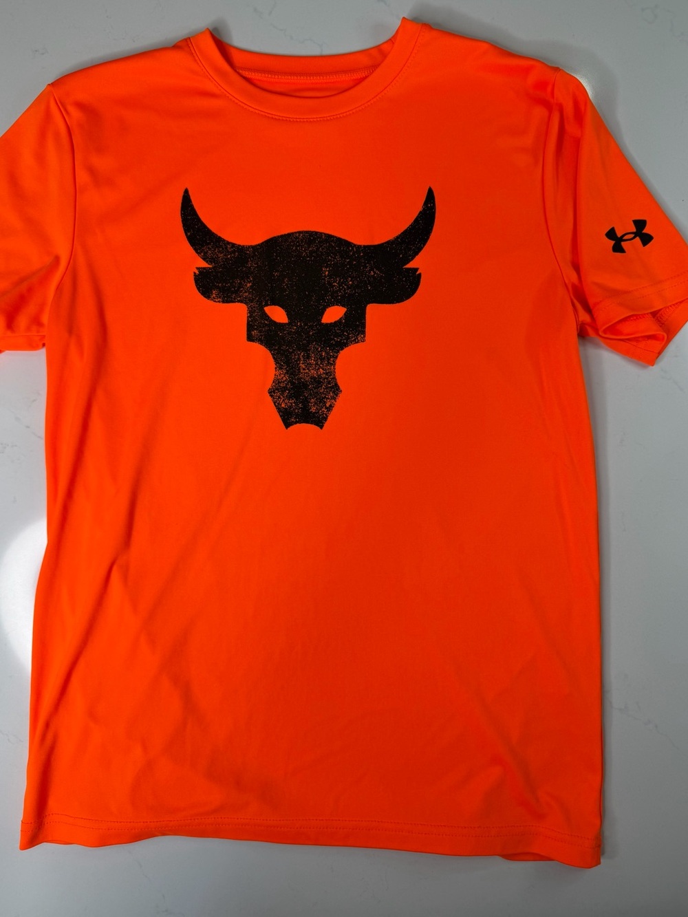 Under Armour Project Rock Youth Large YLG HeatGear Neon Orange Bull Logo T Shirt